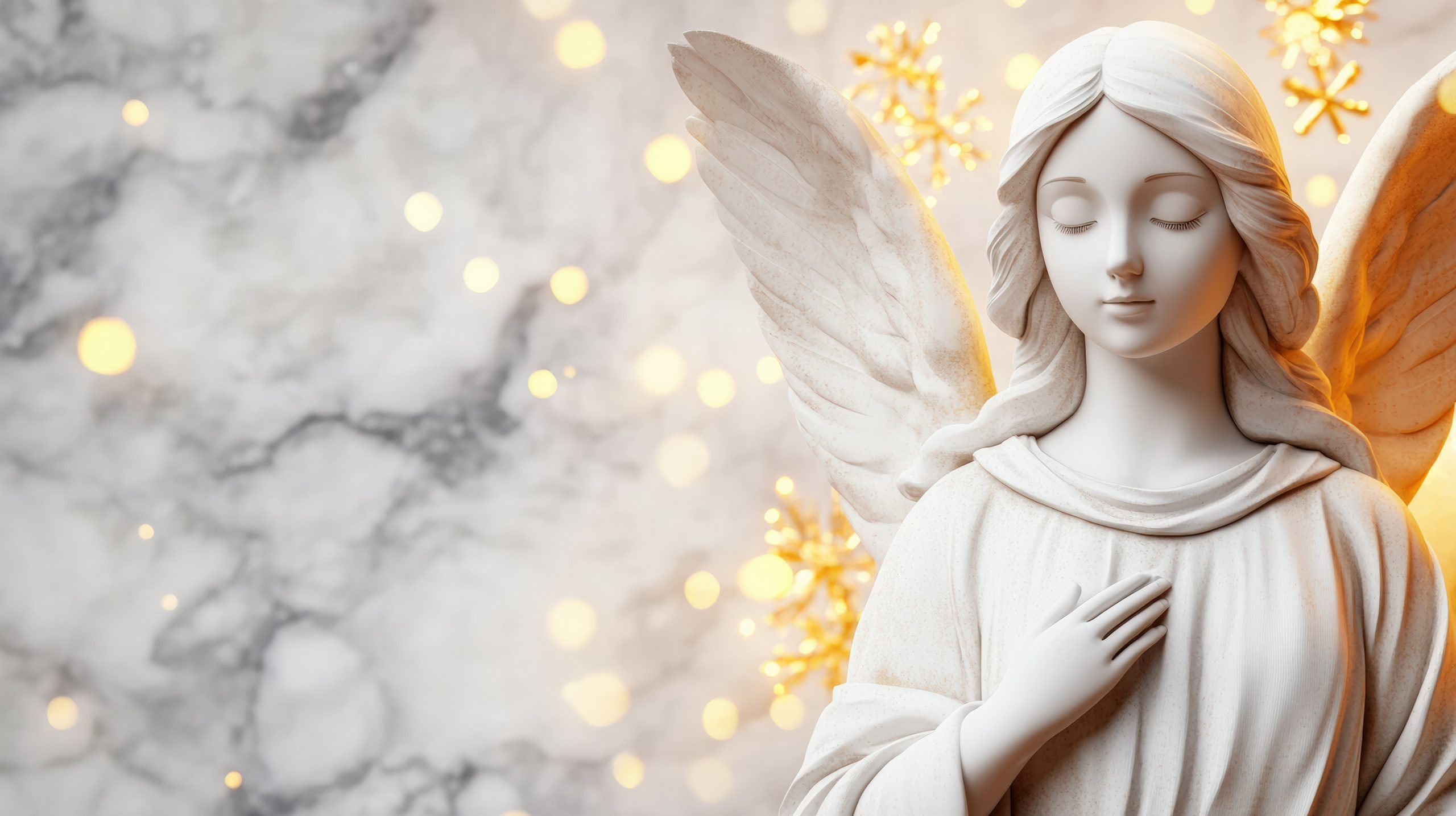 A serene angel statue with delicate wings stands against a soft, surrounded by golden snowflake.