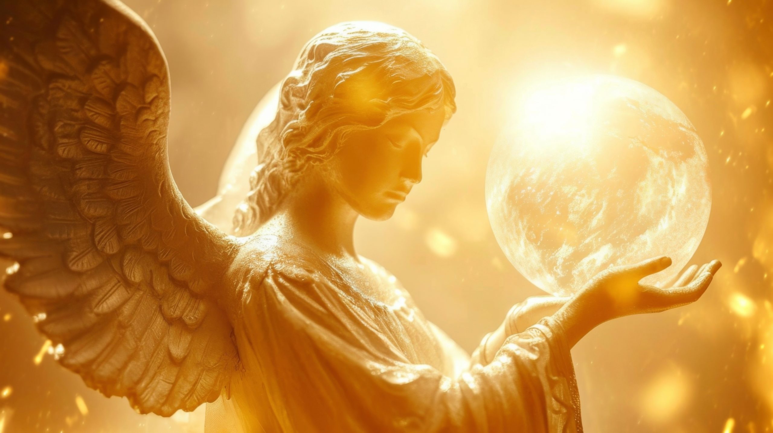 A warm and radiant angel with outstretched wings holding a glowing orb of healing energy in their hands